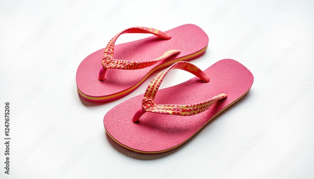 Pair of pink flip-flops with yellow details isolated on white background. Stylish summer footwear suitable for beach pool. Trendy design. Ideal for kids adults. Lightweight, comfortable. Fashionable, Pair of pink flip-flops with yellow details isolated on white background. Stylish summer footwear suitable for beach pool. Trendy design. Ideal for kids adults. Lightweight, comfortable. Fashionable,