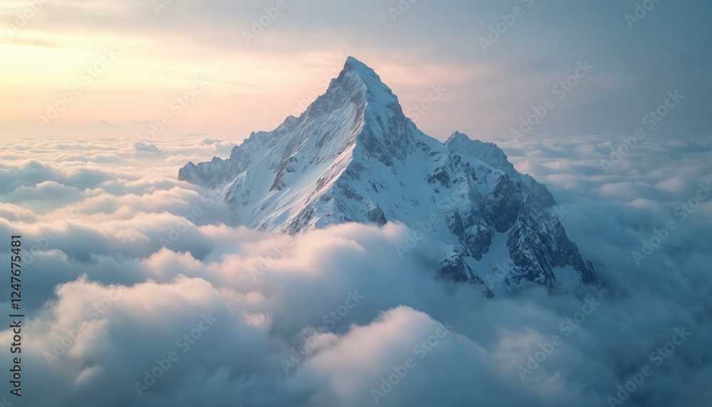 Majestic snowy mountain peak pierces through clouds at sunrise. Alpine scenery with dramatic cloud formations. Snowy mountain summit stands above clouds. Aerial view of nature landscape. Stunning Majestic snowy mountain peak pierces through clouds at sunrise. Alpine scenery with dramatic cloud formations. Snowy mountain summit stands above clouds. Aerial view of nature landscape. Stunning