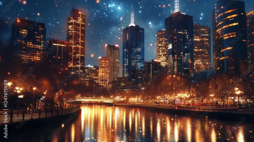 Fototapeta premium A city at night with a river running through it