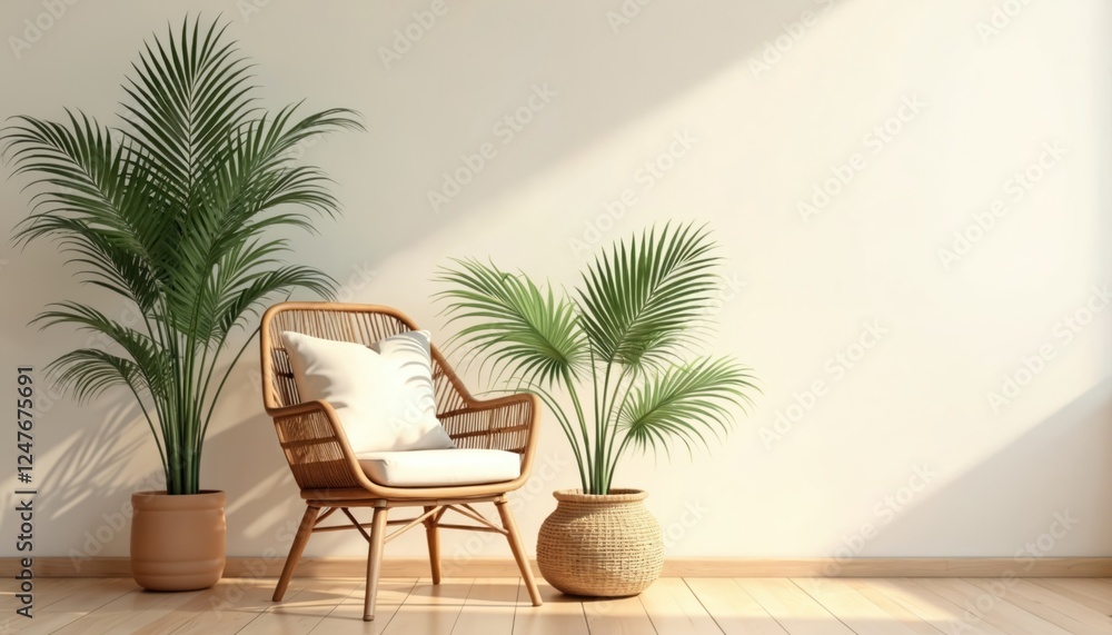 Fototapeta premium Boho minimalist room design with wicker chair, tropical plants. Sunlight casts shadows on beige walls, light wooden floors. Peaceful indoor space. Stylish furniture, plants create relaxing home