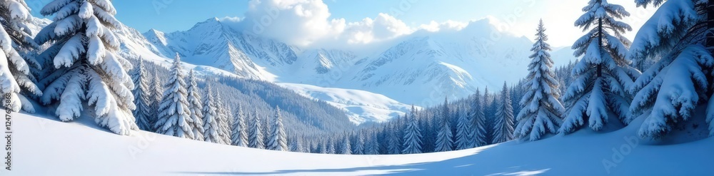 Fototapeta premium Snowy firn with a glacier in the background and trees, alps, firn, frozen