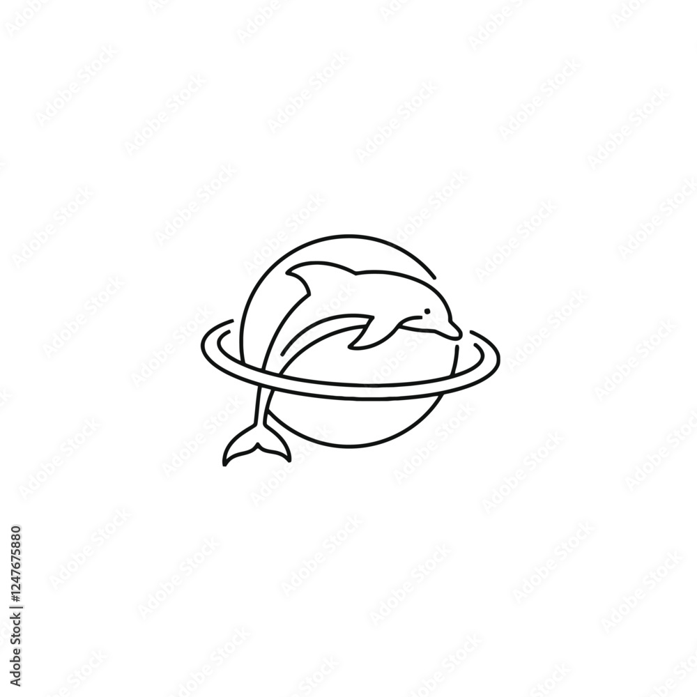 Dolphin Surrounded by Circular Omnidirectional Orbit Line in Minimal Line Art Dolphin Surrounded by Circular Omnidirectional Orbit Line in Minimal Line Art