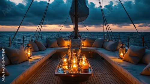 A boat with a table full of candles and pillows