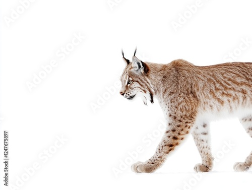 Elegant Eurasian Lynx striding across a pristine white winter landscape photo