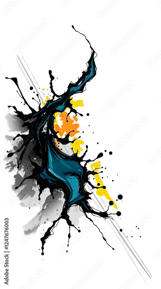 Naklejka premium Abstract colorful splash with black, blue, and yellow elements on light gray background