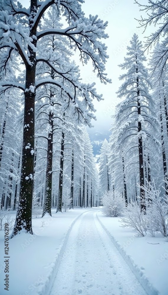 Naklejka premium Trees covered in snow and ice with branches bare and skeletal, barren, landscape, snow