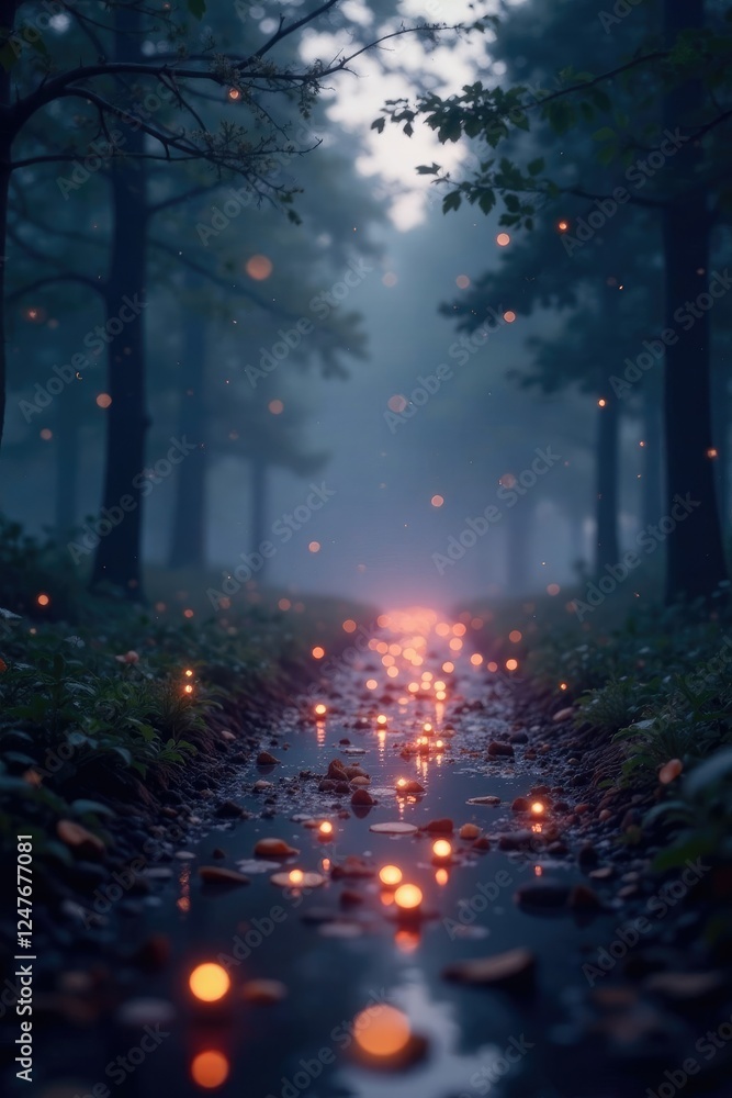 Naklejka premium Twinkling lights amidst a hazy twilight scene, mystical atmosphere, soft refraction, ambient sparkle