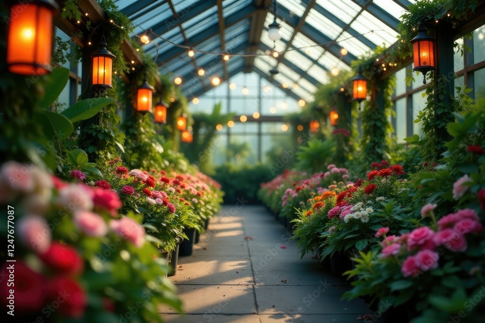 Fototapeta premium Twinkling lights and lanterns amidst lush greenery, flowers, greenhouse, atmosphere