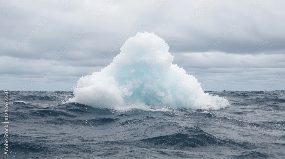 Fototapeta premium Iceberg floats in ocean; cloudy sky; climate change