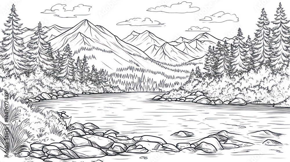 Mountain river landscape sketch, tranquil scene, nature background, travel brochure Mountain river landscape sketch, tranquil scene, nature background, travel brochure