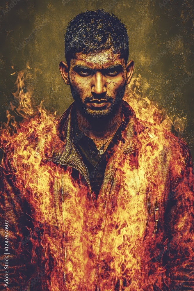 Man engulfed in fiery flames, pixelated style, dramatic lighting, intense expression, dark colors, orange and red hues, abstract background Man engulfed in fiery flames, pixelated style, dramatic lighting, intense expression, dark colors, orange and red hues, abstract background