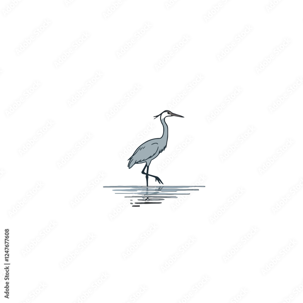 Obraz premium Minimalistic Illustration of Heron Standing in Shallow Water