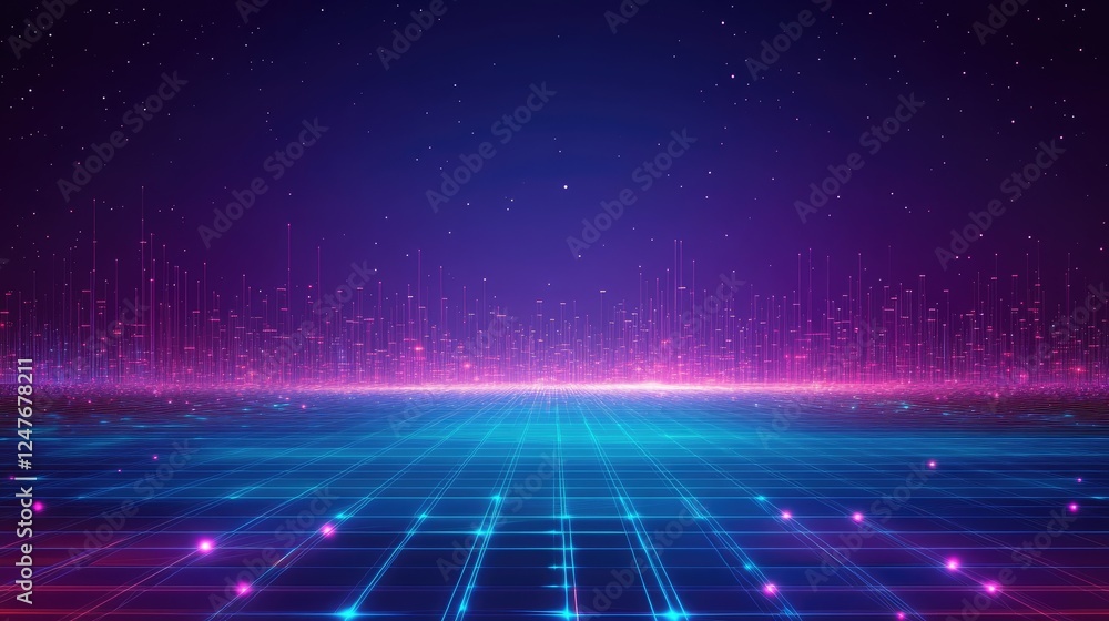 Fototapeta premium Abstract digital landscape with glowing grid and particles.