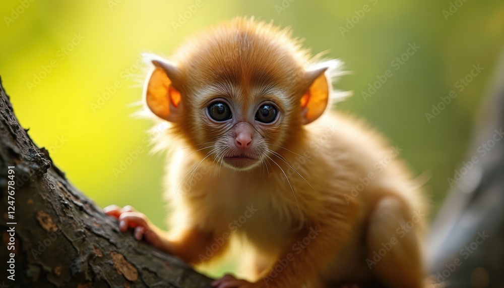 Fototapeta premium Adorable baby golden tamarin monkey in jungle. Infant mammal sits on tree branch. Wild animal in natural habitat. Cute, small. Intelligent, curious face. Focus on details. Natural lighting,