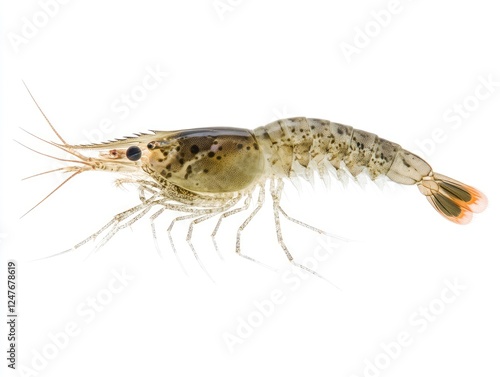 Detailed macro of a live Whiteleg Shrimp (Litopenaeus vannamei) on white photo