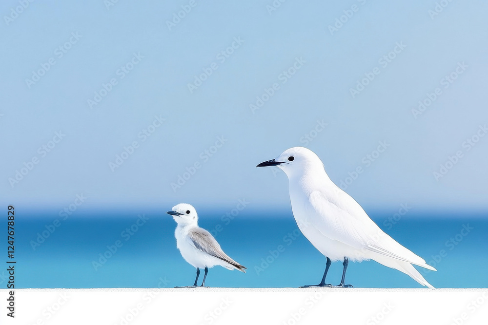 Two white birds standing on a ledge near the ocean Two white birds standing on a ledge near the ocean
