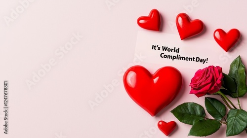 World Compliment Day concept. A romantic composition featuring red hearts, a rose, and a message for World Compliment Day.