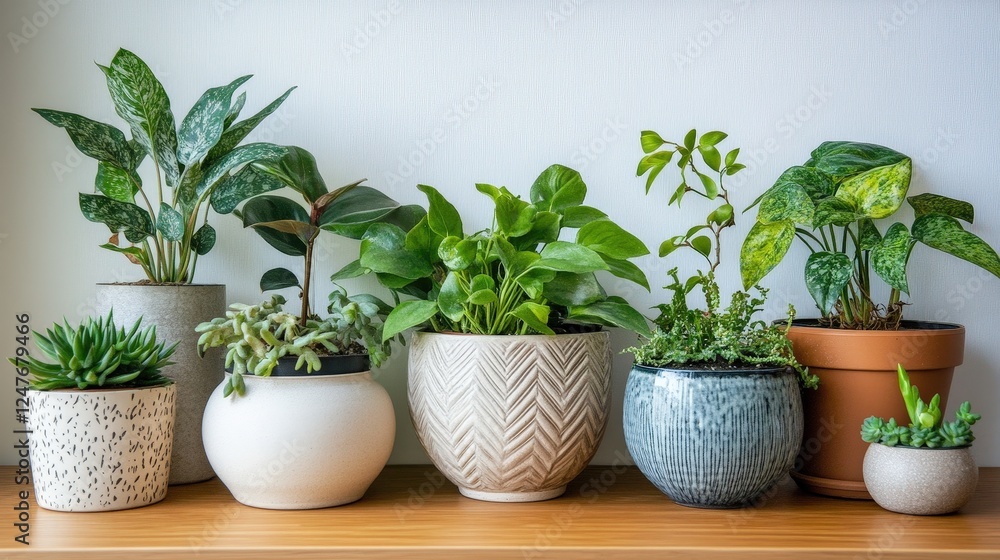 A collection of houseplants in various decorative pots A collection of houseplants in various decorative pots