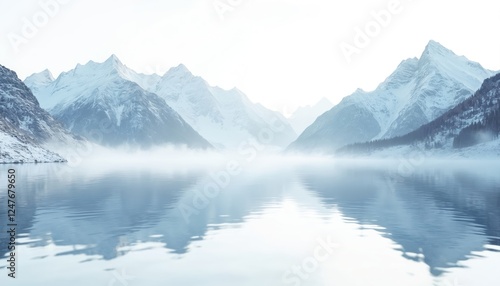 Wallpaper Mural Serene winter landscape features crystal-clear mountain lake reflecting snow-capped peaks. Misty atmosphere covers valley. Tranquil scene evokes sense of peace, quiet. Pristine white background Torontodigital.ca