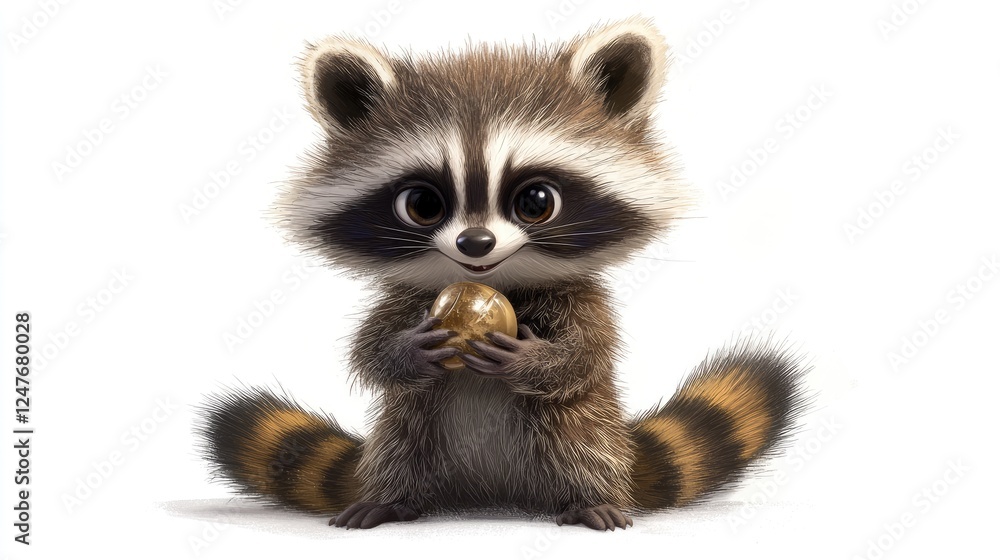 Fototapeta premium Adorable cartoon raccoon holding a golden ball, isolated on white background.