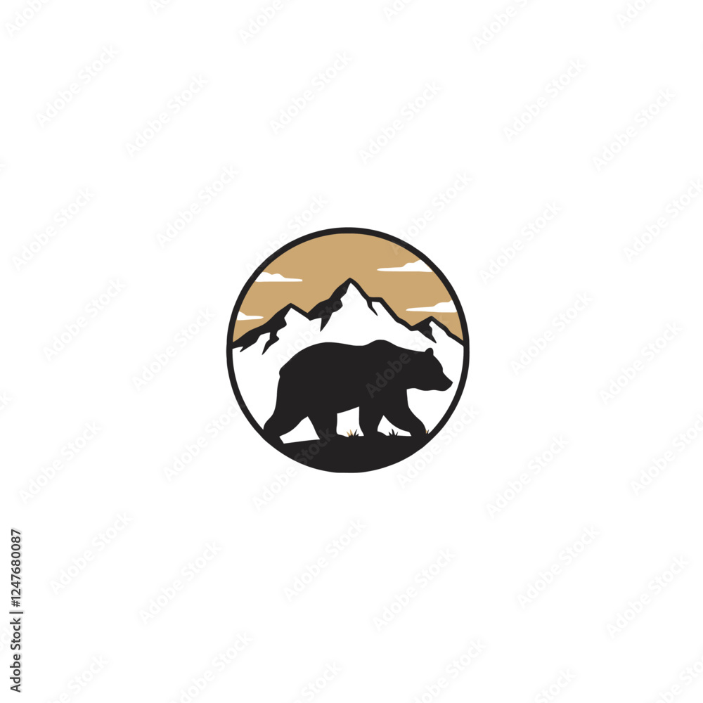 Obraz premium Mountain Bear Silhouette with Snowy Peaks and Golden Sky Background
