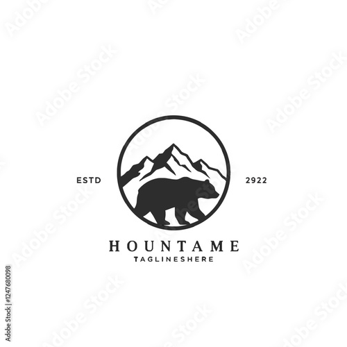 Bear Silhouette with Mountain Elements in Minimal Logo Design Style