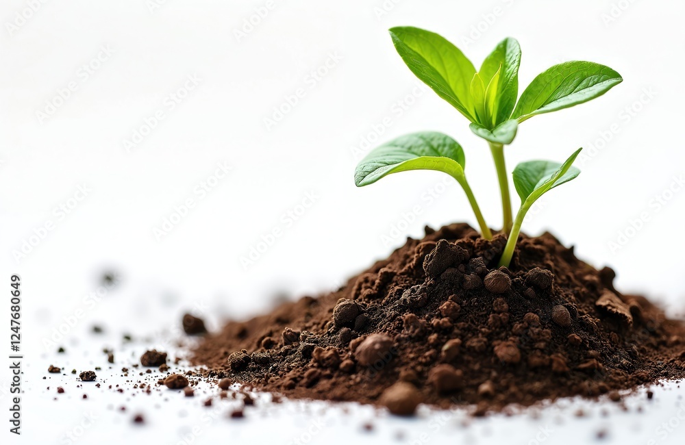 Small verdant sprout emerges from fertile soil pile against white backdrop. Symbol of new life, growth. Eco friendly, nature concept. Potent image for eco agriculture, gardening. Fresh, organic. Small verdant sprout emerges from fertile soil pile against white backdrop. Symbol of new life, growth. Eco friendly, nature concept. Potent image for eco agriculture, gardening. Fresh, organic.