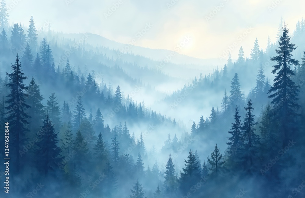 Obraz premium Misty mountain landscape shows dense forest. Foggy morning. Pine trees. Nature scene. Winter cold season. Peaceful atmosphere. Blue, white tones. Outdoor view. Suggests serene getaway vacation