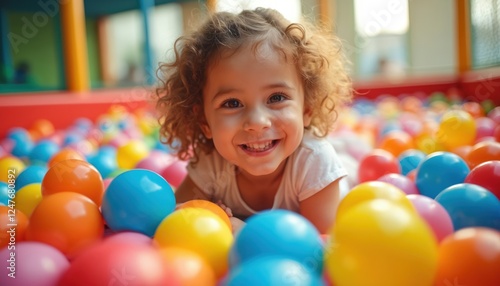 Smiling girl plays in colorful ball pit. Happy child fun with colorful balls. Indoor playground colorful, inviting. Girl joyful. Playful, cheerful atmosphere. Happy day for little girl. Children play
