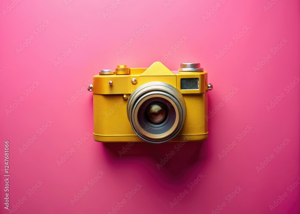 Sun-kissed yellow SLR camera, a nostalgic image against a soft pink background. AI-generated retro charm. Sun-kissed yellow SLR camera, a nostalgic image against a soft pink background. AI-generated retro charm.