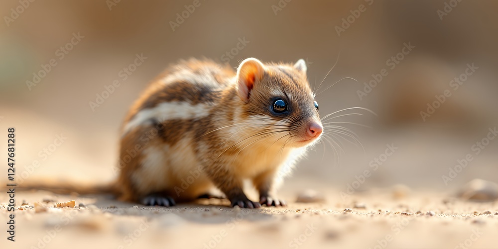 Curious Young Chipmunk foraging on sandy ground with delicate whiskers on display and bright eyes Curious Young Chipmunk foraging on sandy ground with delicate whiskers on display and bright eyes