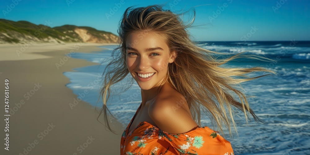 Young woman with curly blonde hair smiling at beach, ocean waves in background, sandy beach, orange floral dress, sunny day, outdoor portrait, happy Young woman with curly blonde hair smiling at beach, ocean waves in background, sandy beach, orange floral dress, sunny day, outdoor portrait, happy
