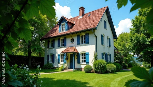 Wallpaper Mural Altes Haus mit vielen Fenstern und einem gr?nen Garten, blau, altes haus, fenster Torontodigital.ca