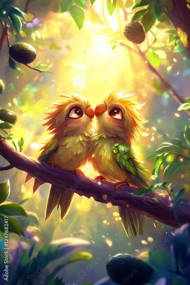 Naklejka premium Two adorable, light green birds with fluffy yellow green plumage, facing each other and touching beaks, perched on a tree branch, bathed in warm