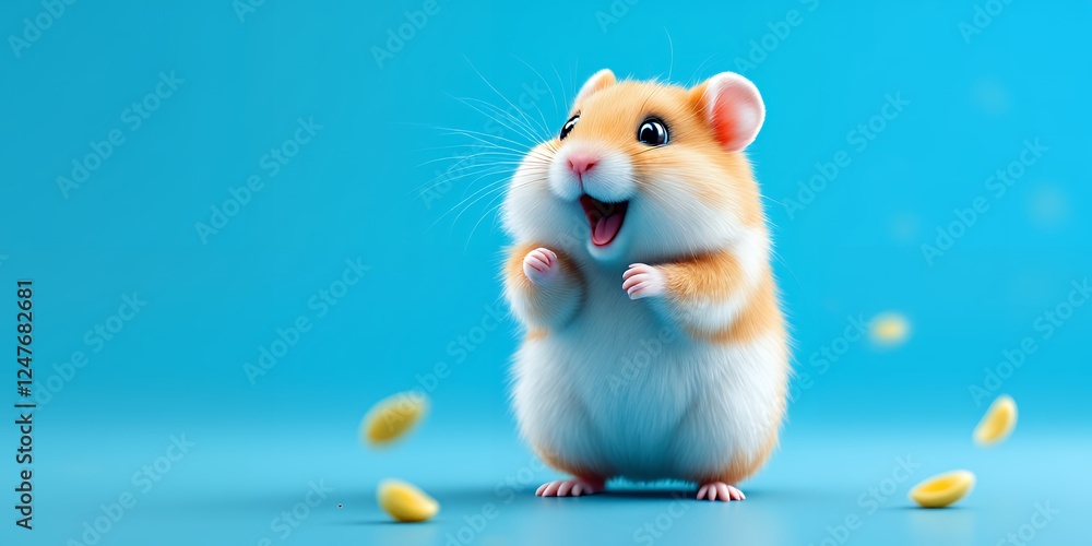 Happy Rodent with Golden Fur on a Bright Blue Background Surrounded by Food Pellets Happy Rodent with Golden Fur on a Bright Blue Background Surrounded by Food Pellets