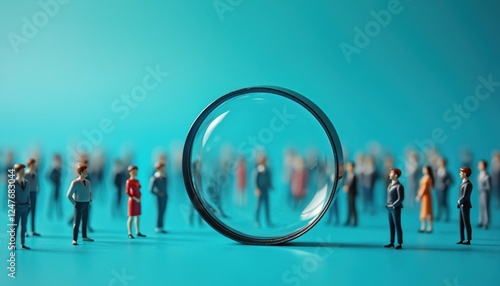 Magnifying glass focuses on potential candidate in crowd. Job hunting concept. Recruitment process. Selection of skilled applicant. Employment opportunity. Human resources department. Talent search.