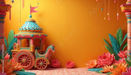 Colorful Indian festival celebration. Traditional Jagannath Rath Yatra chariot. Festive decorations. Flowers, leaves. Vibrant colors. Happy holiday mood. Celebration of Indian culture. Traditional photo