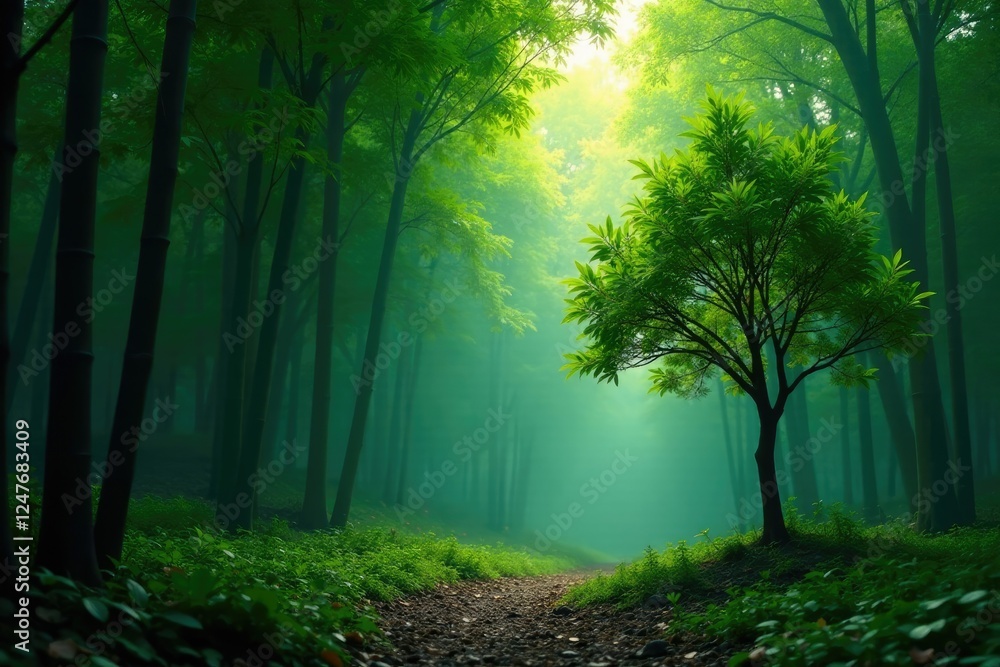 Obraz premium Bamboo forest with a solitary tree in the foreground, solitude, forest, peaceful atmosphere