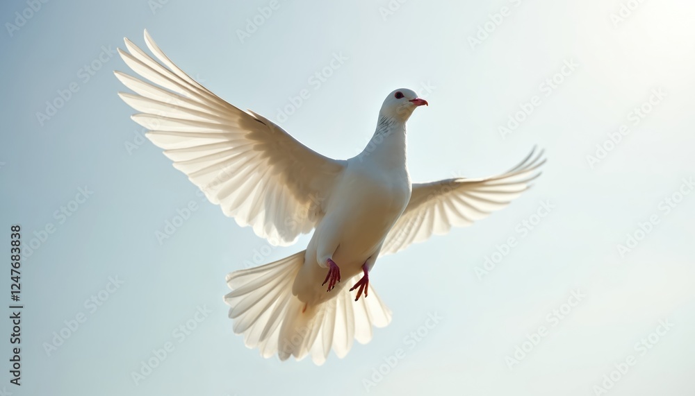 Obraz premium White dove soars gracefully through clear sky. Wings spread wide freedom, peace. Pure beauty in nature. Symbol of purity, hope. Spiritual concept in high quality photo. Tranquil moment in flight.