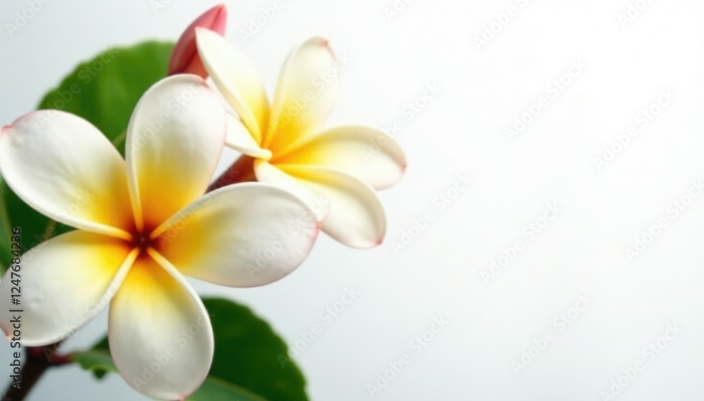 Naklejka premium Delicate frangipani flowers bloom on a white background, plumeria, garden