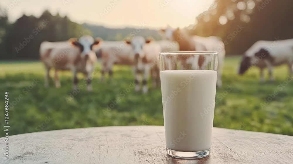 A glass of milk on a table, blurred cows in a grassy field in the background, outdoors, warm light A glass of milk on a table, blurred cows in a grassy field in the background, outdoors, warm light
