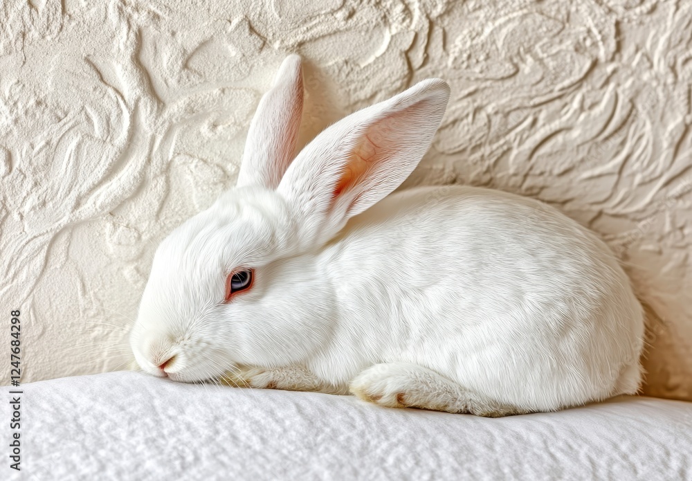 Close up of a fluffy white rabbit resting on a light beige textured surface, soft natural light illuminating its delicate features Close up of a fluffy white rabbit resting on a light beige textured surface, soft natural light illuminating its delicate features
