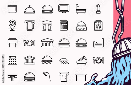 Professional Line Icons Set: Hotel, Food, Finance.