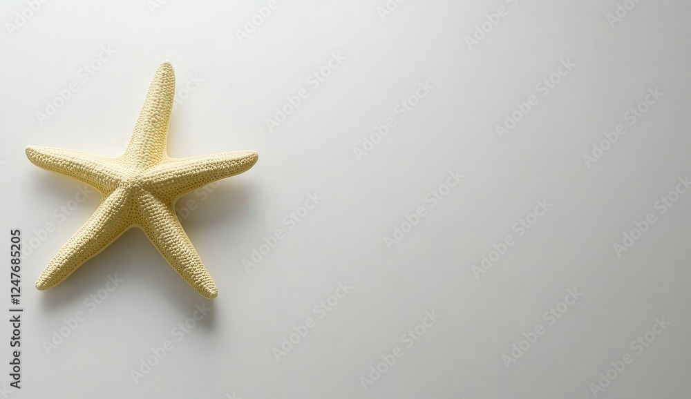 A pale yellow starfish, textured with small dots, sits on a bright white background A pale yellow starfish, textured with small dots, sits on a bright white background
