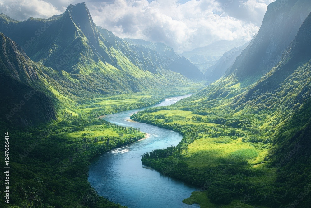 Fototapeta premium A creative depiction of a tranquil river winding through a lush valley, surrounded by mountains