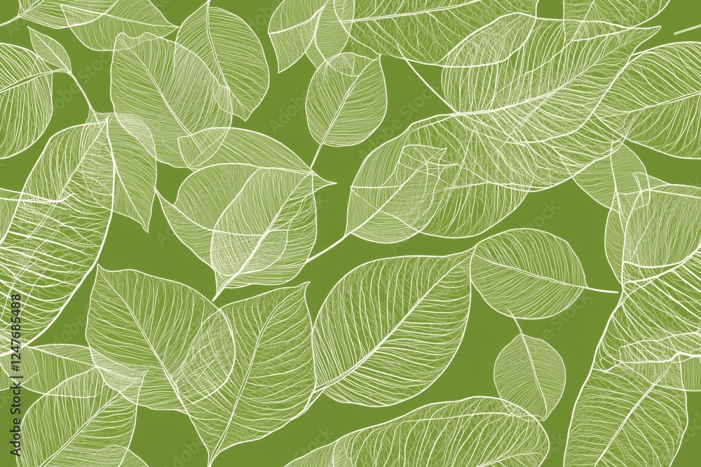 Obraz premium Padrão contínuo (seamless pattern) de folhas estilizadas em tons de verde com linhas delicadas em branco, criado com IA generativa.