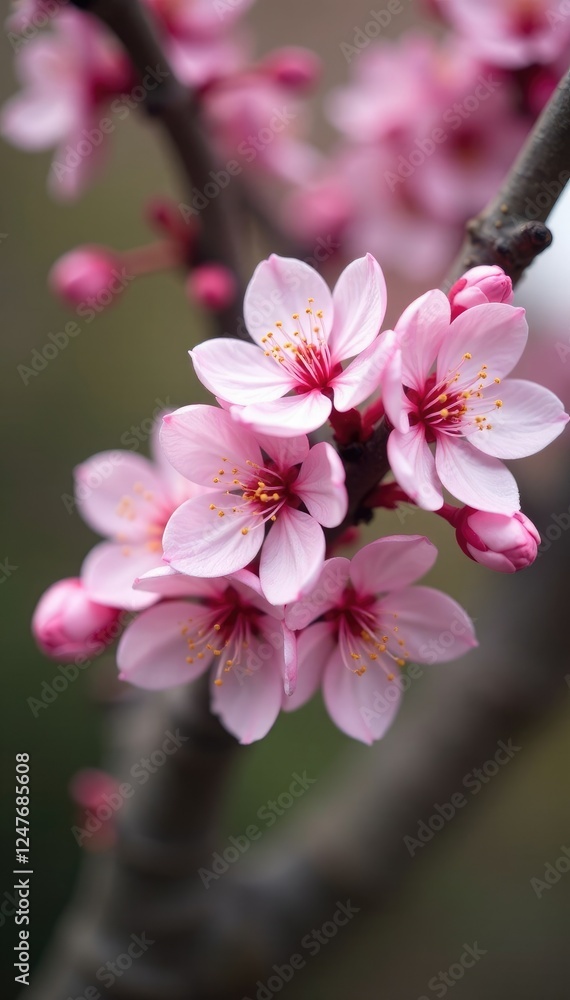 Fototapeta premium Delicate pink flowers blooming on a tree branch, flowers, bloom
