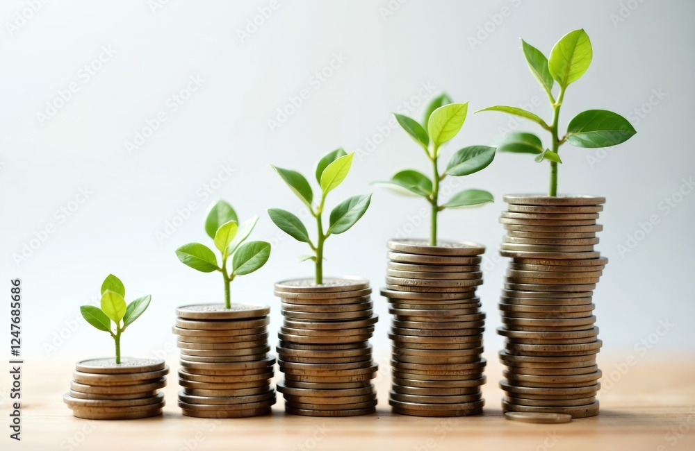 Stacks of coins grow taller with small green plants on top. Financial growth concept. Investment planning. Sustainable eco financial future. Coin saving, investing strategy. Successful business, Stacks of coins grow taller with small green plants on top. Financial growth concept. Investment planning. Sustainable eco financial future. Coin saving, investing strategy. Successful business,