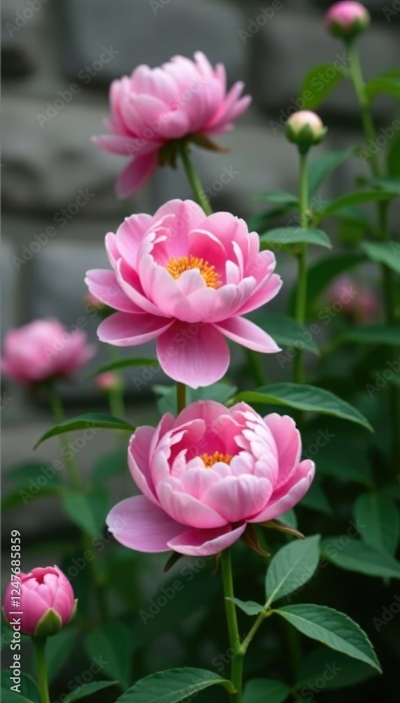 Delicate pink peonies bloom on a gray stone wall, garden, flowers Delicate pink peonies bloom on a gray stone wall, garden, flowers