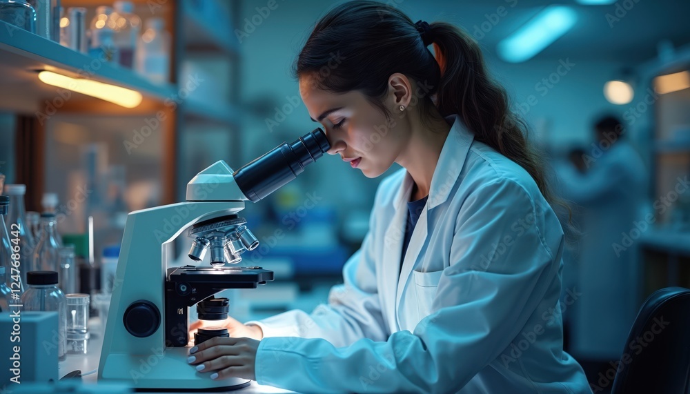 Focused scientist examines microscope in modern laboratory. Dedicated female researcher looks intently at sample under microscope. Modern tech laboratory setup. Innovative medical research in Focused scientist examines microscope in modern laboratory. Dedicated female researcher looks intently at sample under microscope. Modern tech laboratory setup. Innovative medical research in